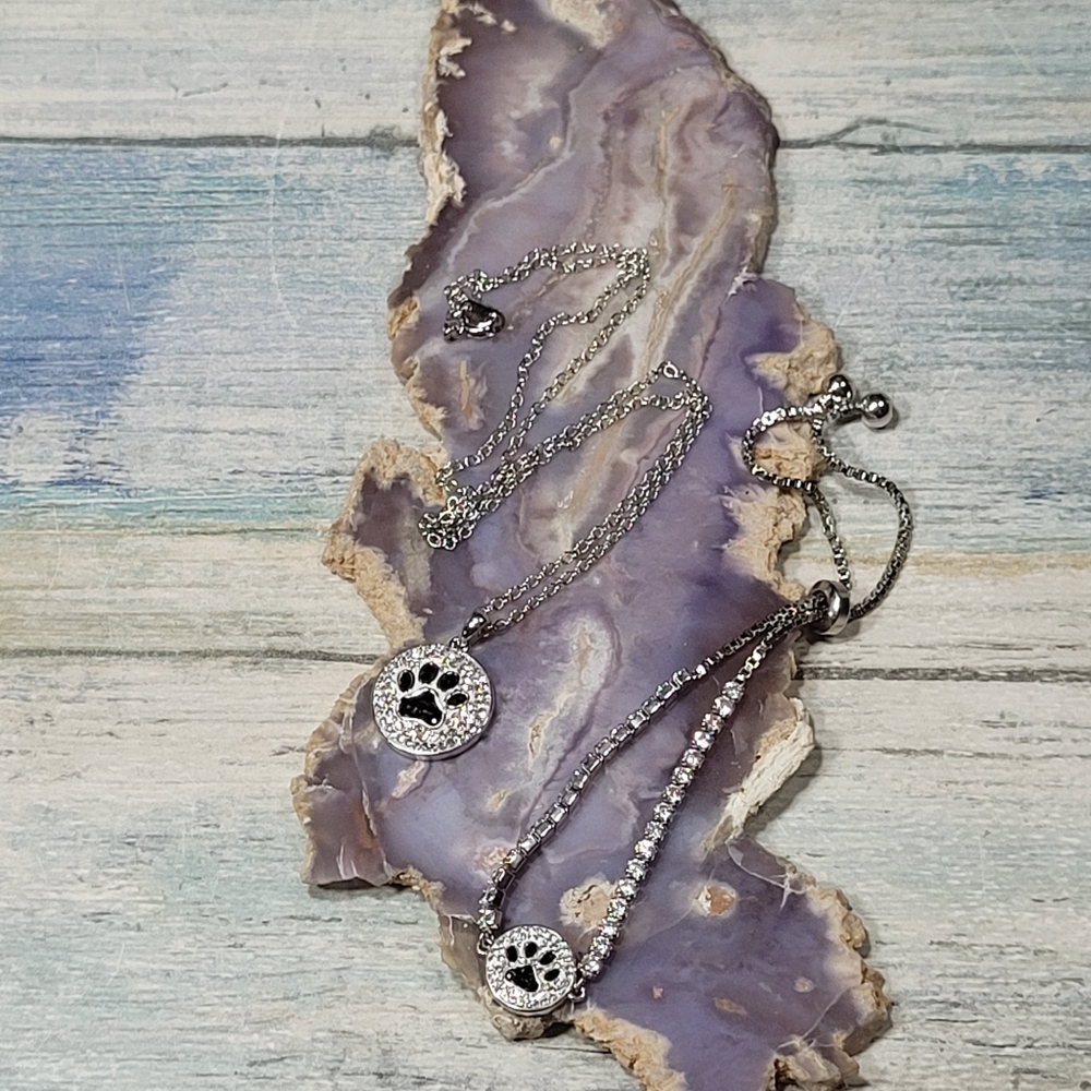 Rhinestones Paw Print Necklace and Bracelet Set